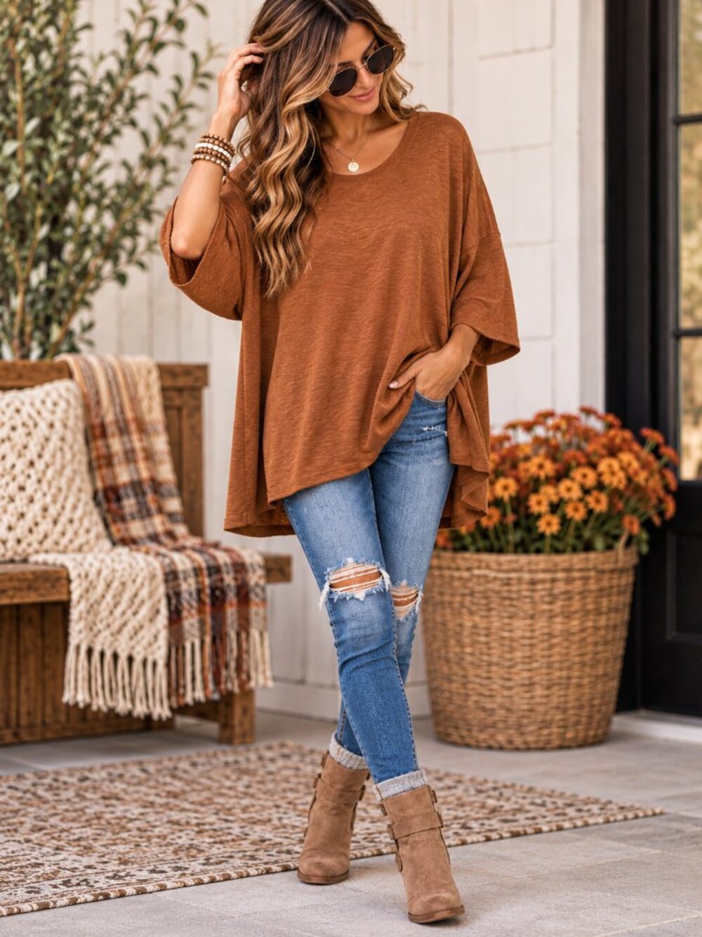 POL Rust Brown Waffle Knit Oversized Tunic Top Small